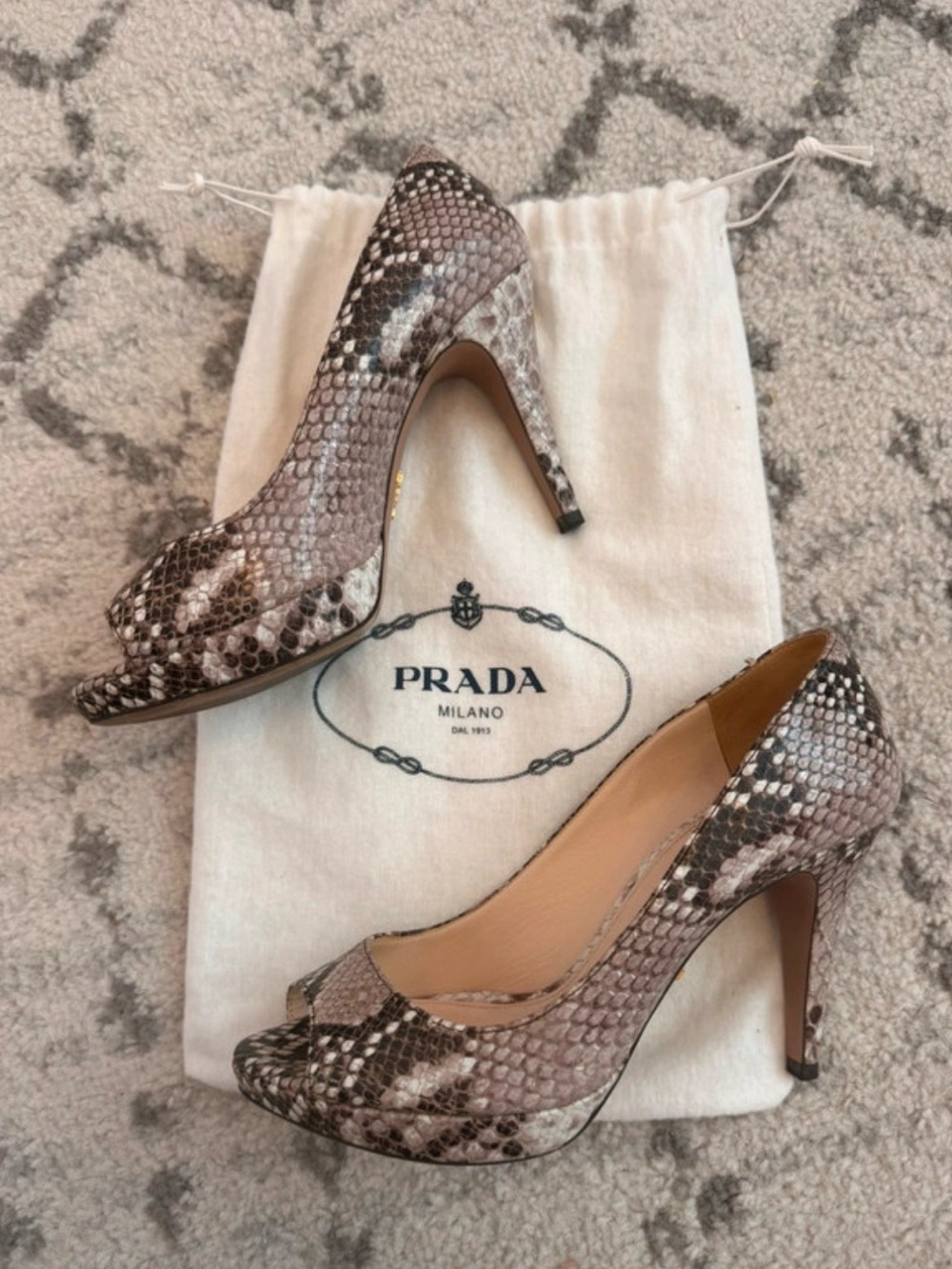Prada Taupe and Brown Snake-Print Peep Toe Pumps